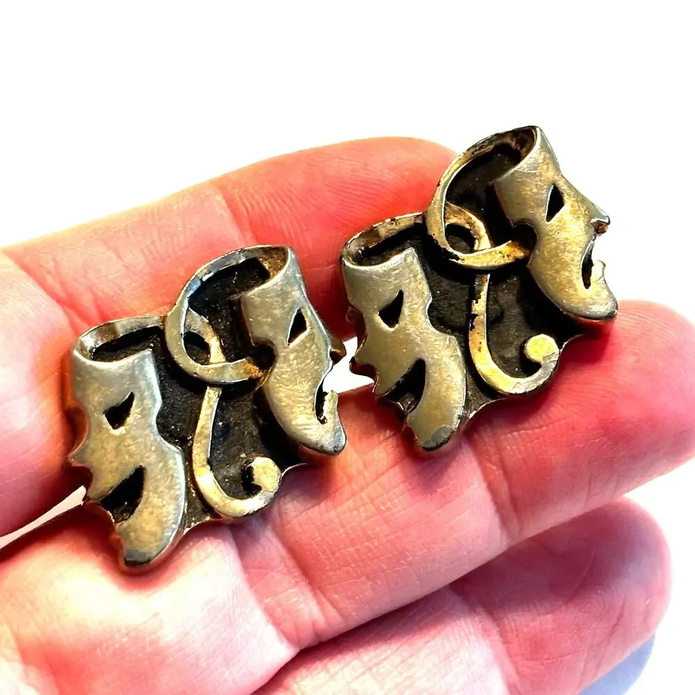 Vintage Mid Century 60's Gold Cufflinks Thespian masks comedy & tragedy faces